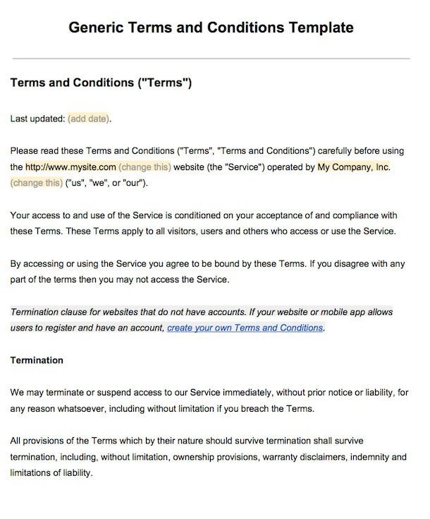 Example of Terms and Conditions - Screenshot