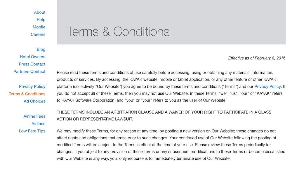 Screenshot of KAYAK Terms Conditions page