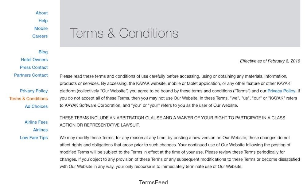 Screenshot of KAYAK Terms Conditions page