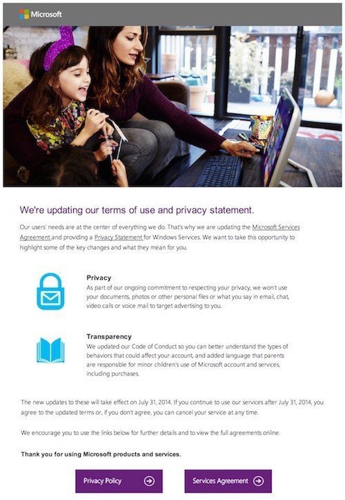 Microsoft 2014 email on Privacy &amp; Service agreement changes