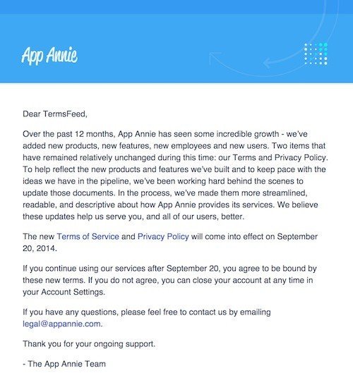 AppAnnie email to users: Terms of Service, Privacy Policy updated