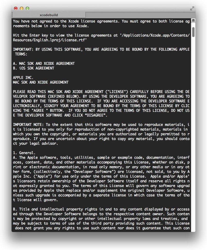 Xcode - Software License Agreement in Terminal