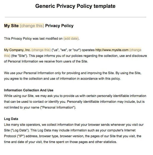 Example of Privacy Policy - Screenshot