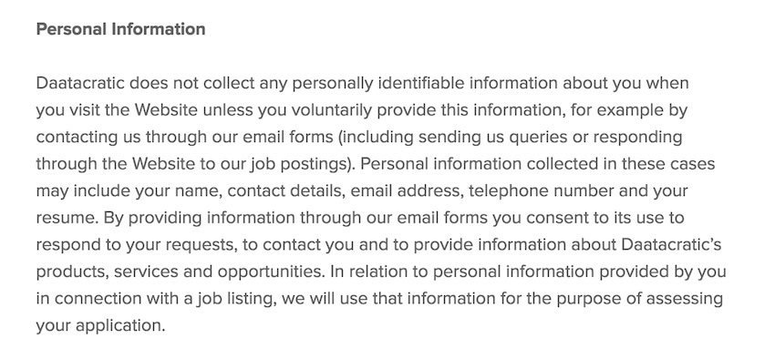 Datacratic excerpt on Personal Info in Privacy Policy