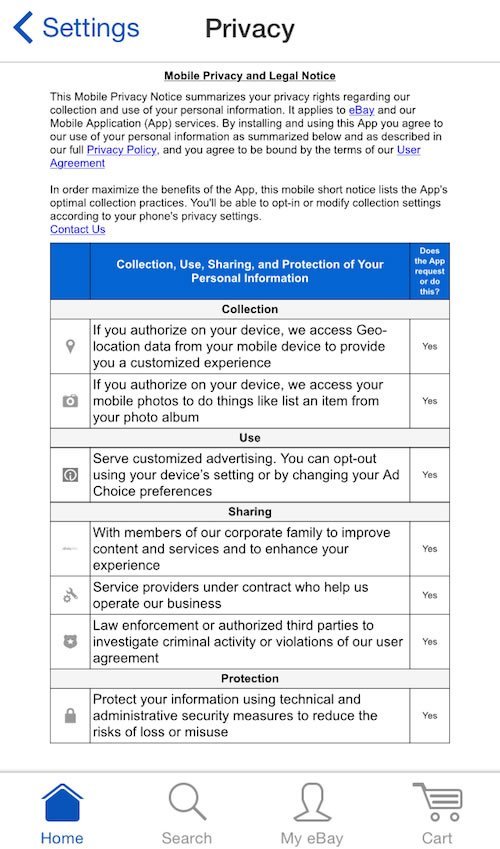 eBay Privacy Policy Embedded on Mobile App