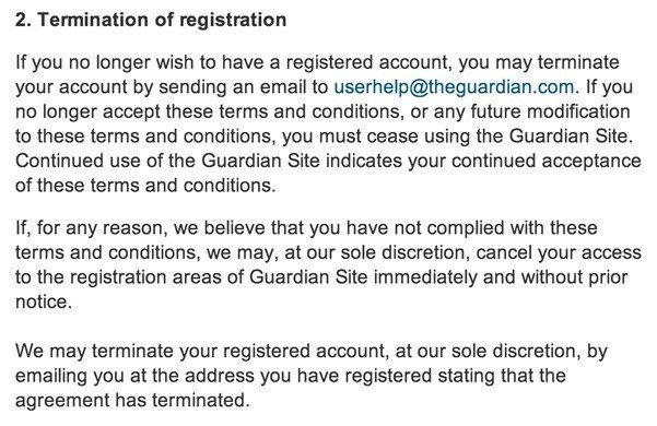Termination clause in Terms of Service of Guardian