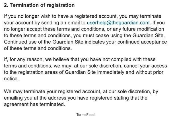 Termination clause in Terms of Service of Guardian