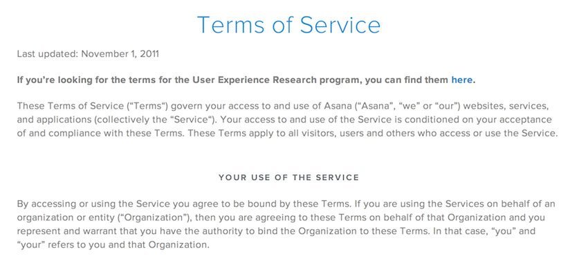 Asana Terms of Service Section
