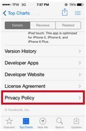 Privacy Policy of Facebook Linking from App Store