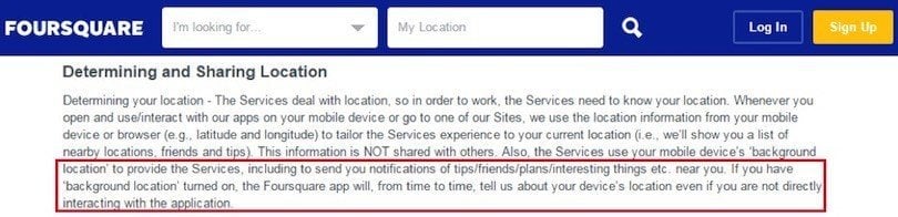 Foursquare Location Data in Privacy Policy