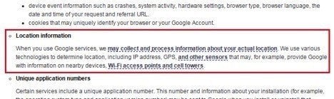 Google Location Data in Privacy Policy