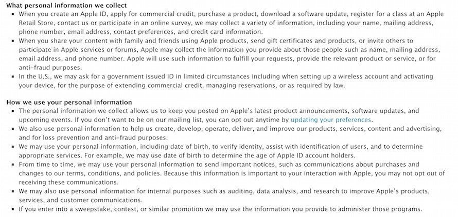 Screenshot of Apple Privacy Policy on Personal Data