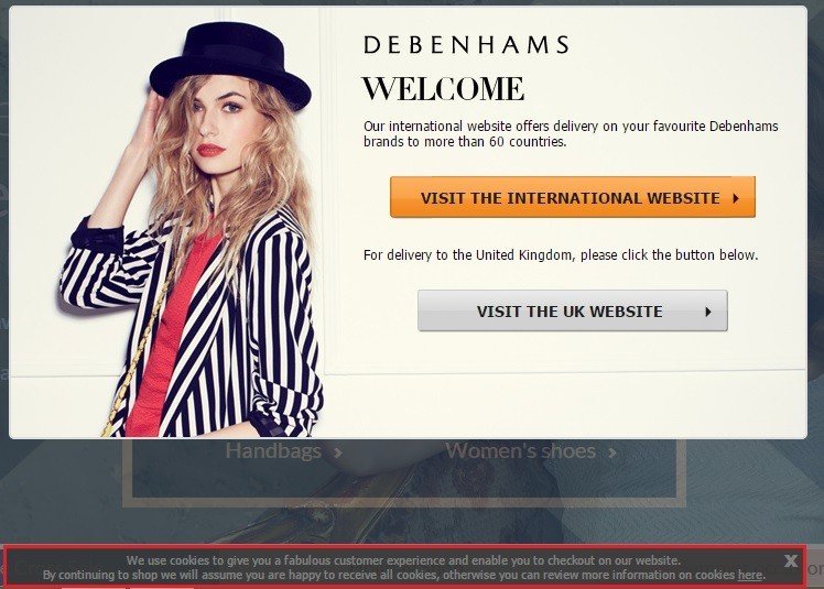 Debenhams Cookies Notification in the Footer