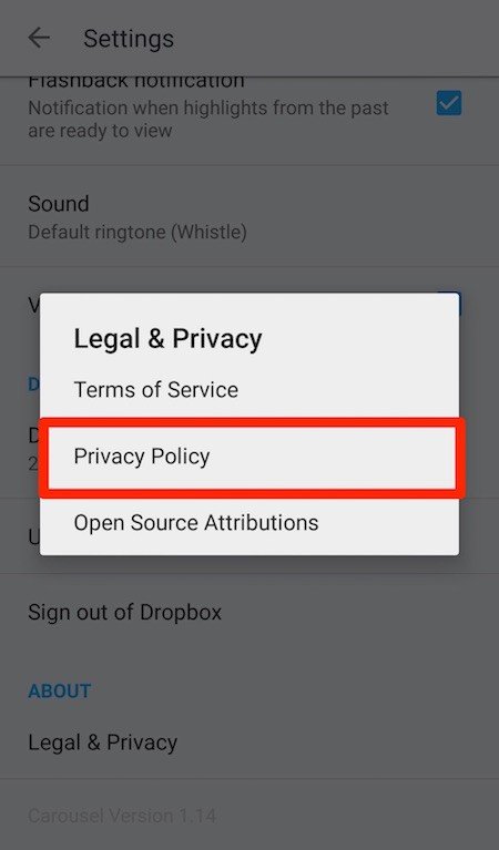 Dialog Window of Legal &amp; Privacy from Dropbox Carousel