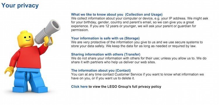 Screeshot of LEGO Summarized Privacy Policy