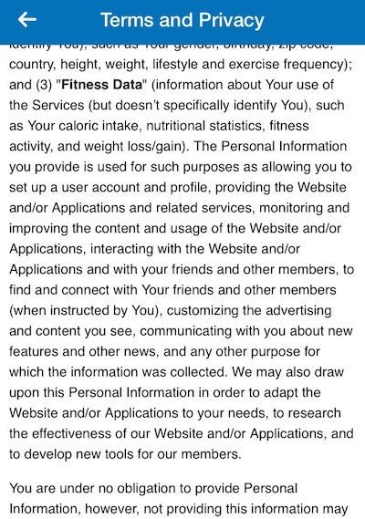 MyFitnessPal Terms and Privacy