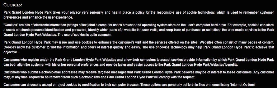 Park Grand Cookies Clause in Privacy Policy