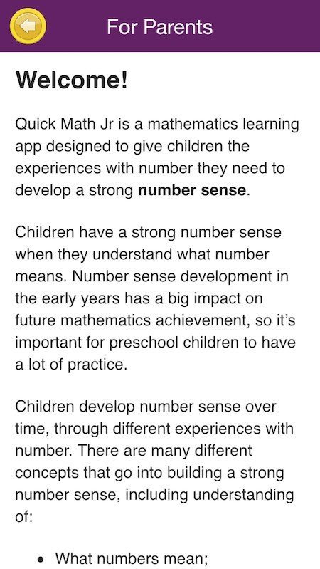 Parents-Only Screen in Quick Maths Jr Game