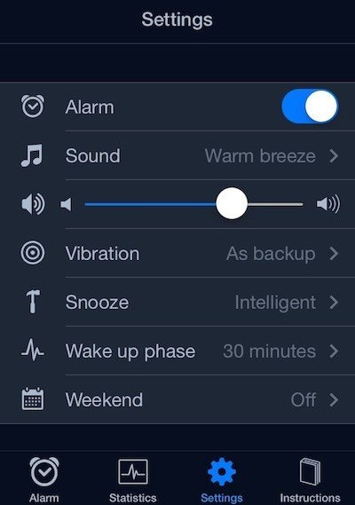 SleepCycle Settings Screen