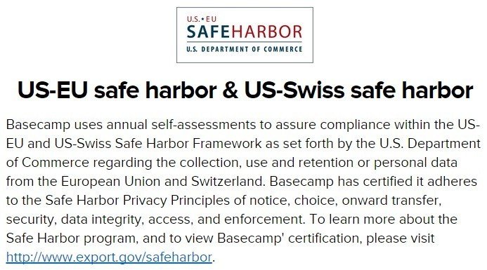 Safe Harbor in Basecamp Privacy Policy