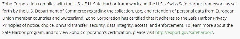 Zoho Safe Harbor Section In Privacy Policy