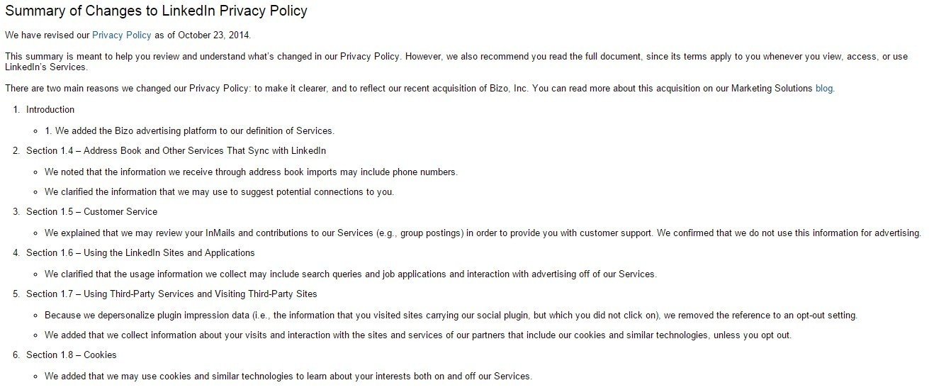 LinkedIn Privacy Policy Summary Page