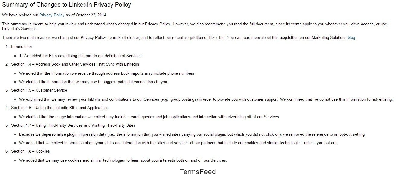 LinkedIn Privacy Policy Summary Page