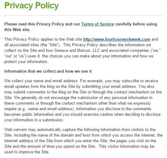 Privacy Policy of Tim Ferris Blog