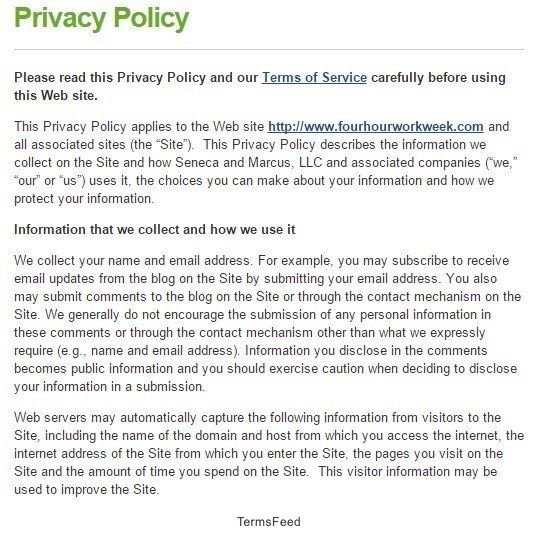 Privacy Policy of Tim Ferris Blog