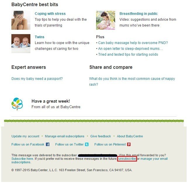 BabyCenter Unsubscribe Link In Emails