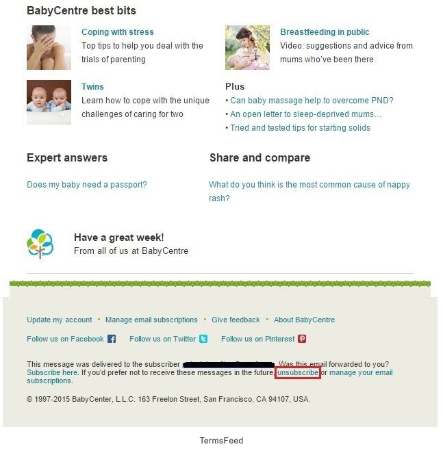 BabyCenter Unsubscribe Link In Emails