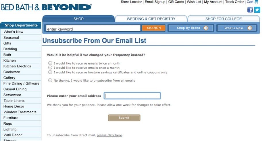 Bed Bath and Beyond: Unsubscribe from Emails