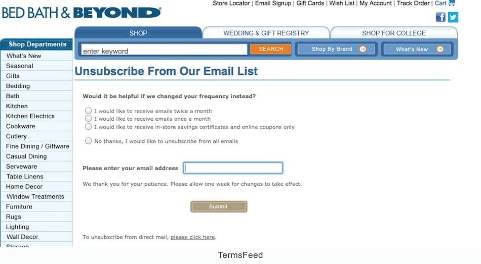 Bed Bath and Beyond: Unsubscribe from Emails