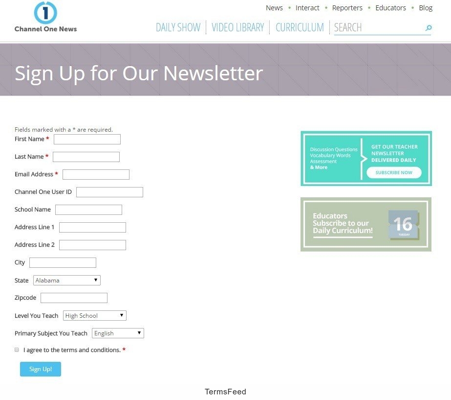 Sign-up Form From Channel One News