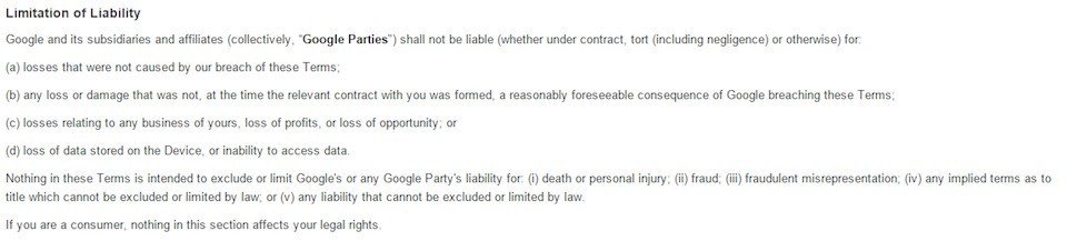 Google NZ Store Limitation of Liability Clause