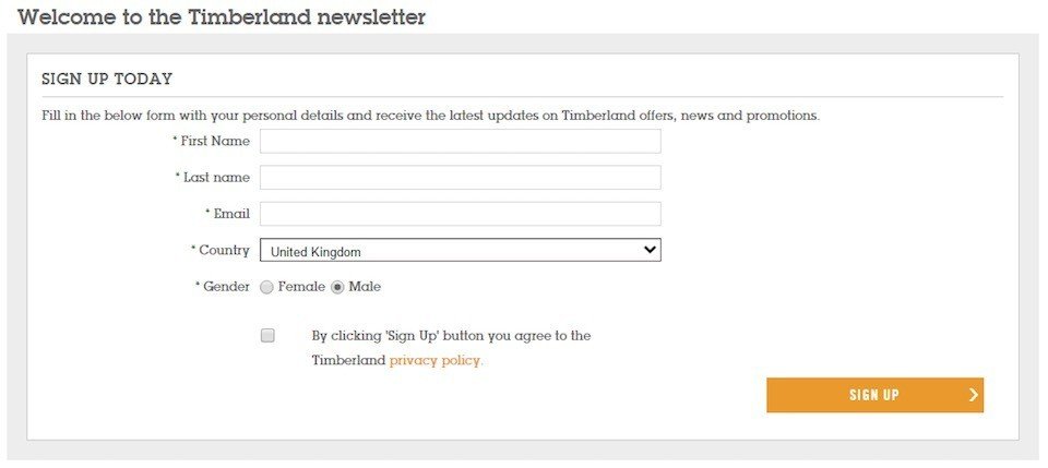 Timberland UK: Sign-up for Newsletter Form