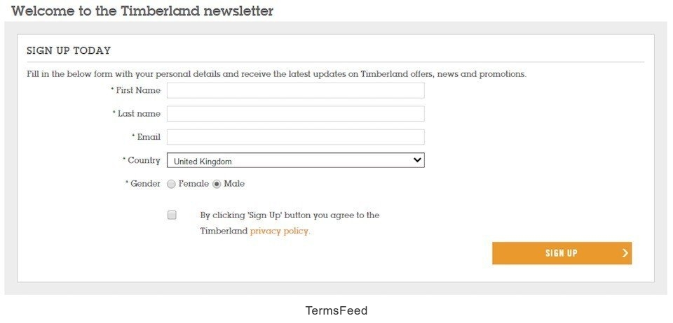 Timberland UK: Sign-up for Newsletter Form