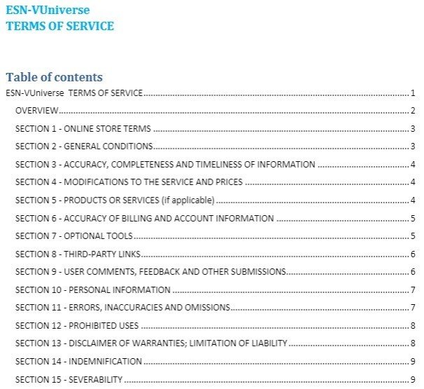 ESN-VUniverse: Terms of Service Chapters