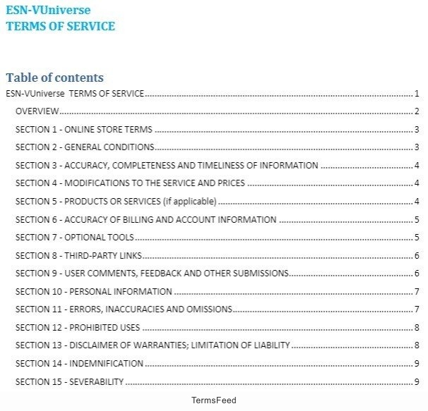 ESN-VUniverse: Terms of Service Chapters