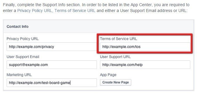 Facebook Contact Info: Highlight Terms of Service URL
