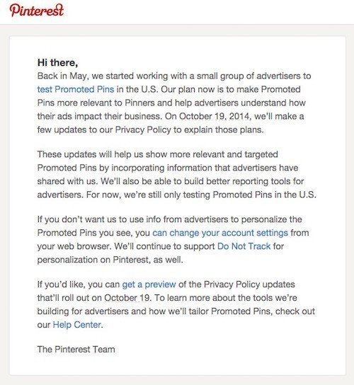 Pinterest Privacy Policy Updates via Email