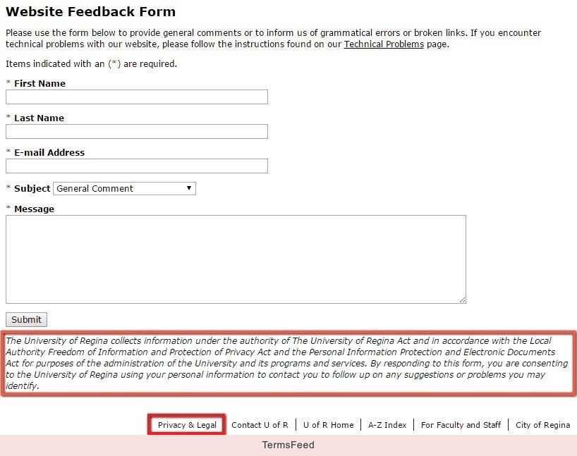 University of Regina Website Feedback Form