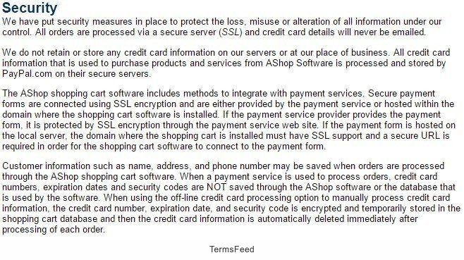Security Section in AShop Privacy Policy