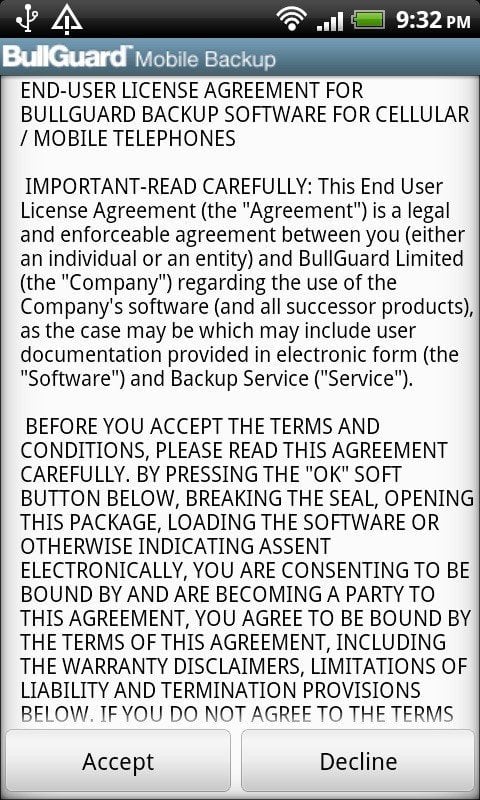 Screenshot of BullGuard Mobile Backup EULA