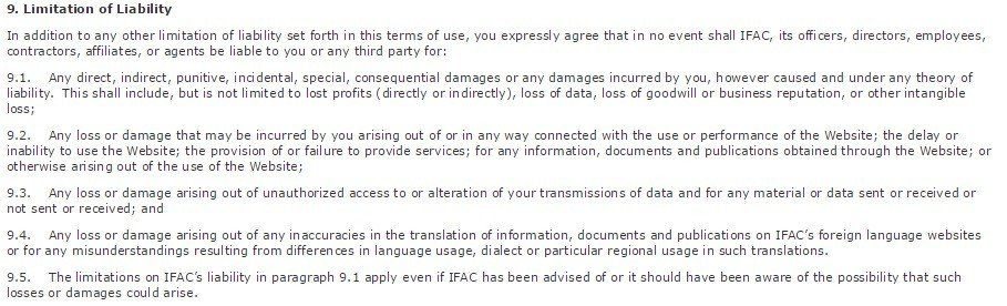 Limitation of Liability in Terms of Use by International Federation of Accountants