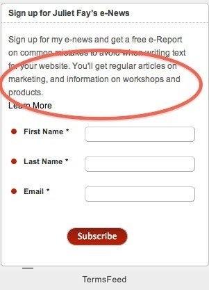 Example of Subscribe for More Form at Juliet Fay
