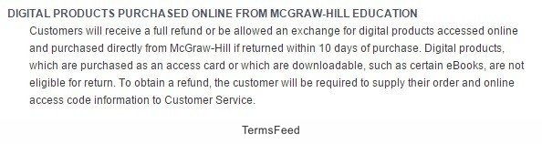 Screenshot of Return Policy of McGraw Hill Education