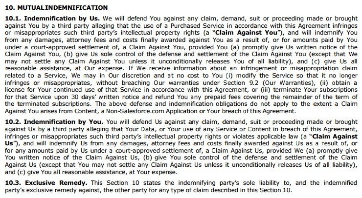 Salesforce Master Agreement: Indemnification Section