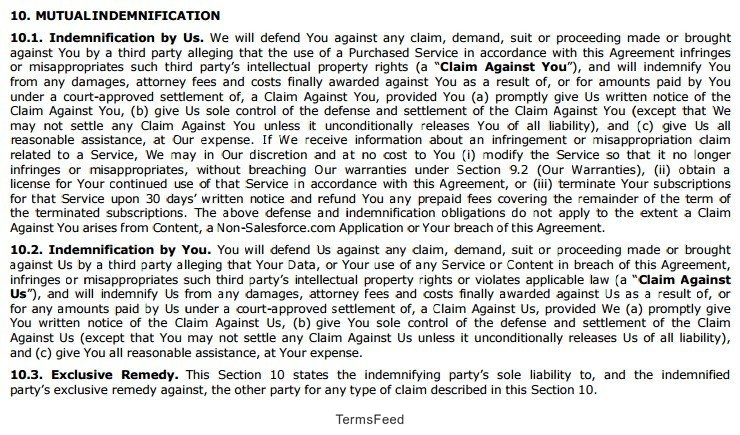 Salesforce Master Agreement: Indemnification Section