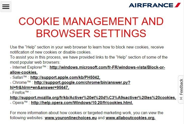 AirFrance: Cookie Management Section from Privacy Policy